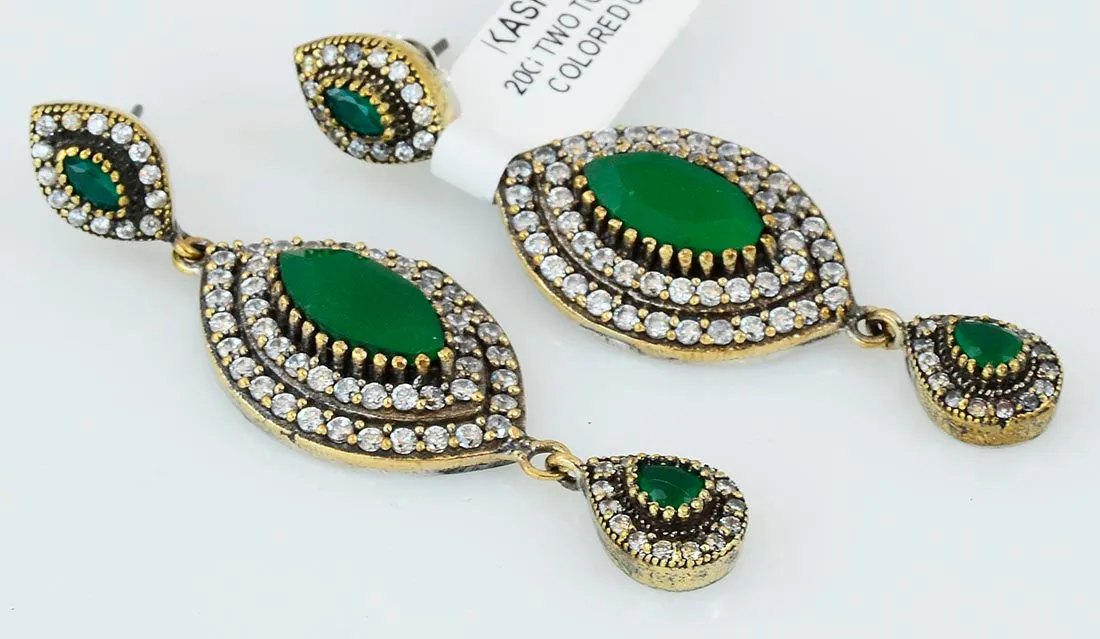 Green Emerald Earrings 925 Sterling Silver Dangle Art Marquise Drop Handcrafted