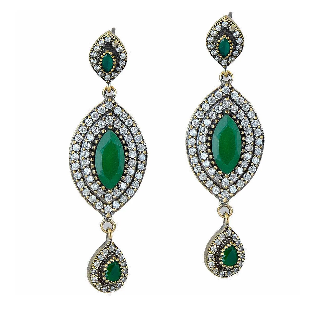 Green Emerald Earrings 925 Sterling Silver Dangle Art Marquise Drop Handcrafted