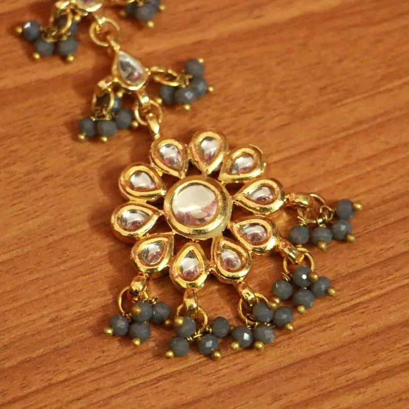 Grey Crystal Kundan Meenakari Tikka With Earrings
