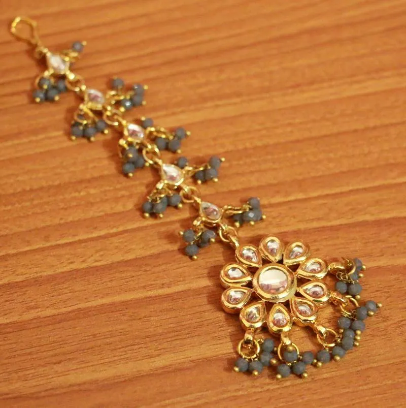 Grey Crystal Kundan Meenakari Tikka With Earrings