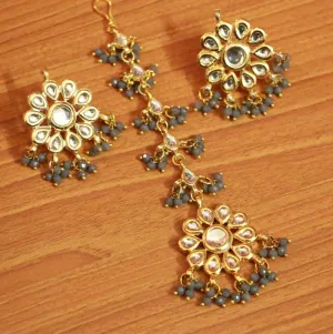 Grey Crystal Kundan Meenakari Tikka With Earrings