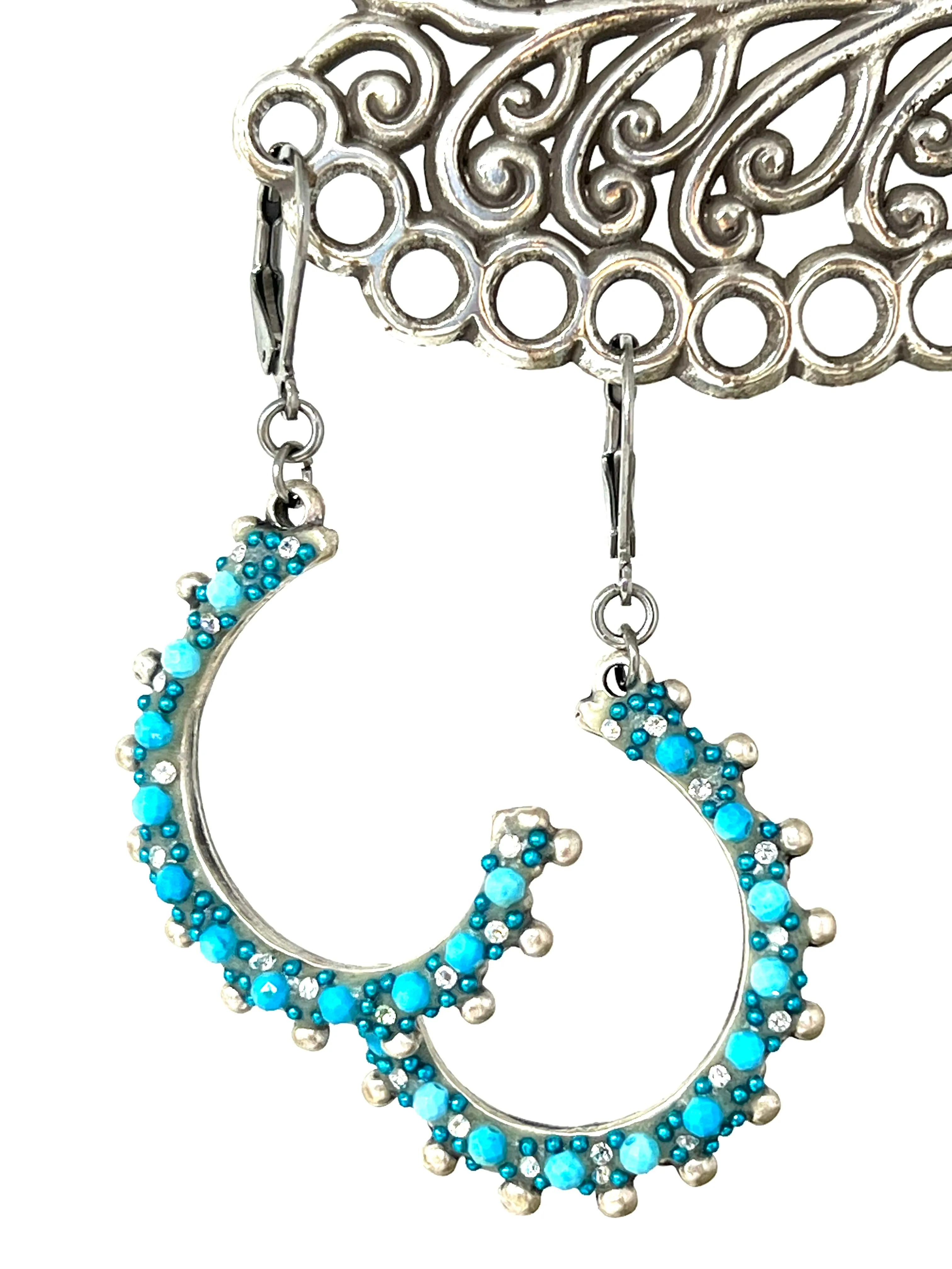 Handmade Faceted Turquoise Crystal Hoop Earrings #2474E
