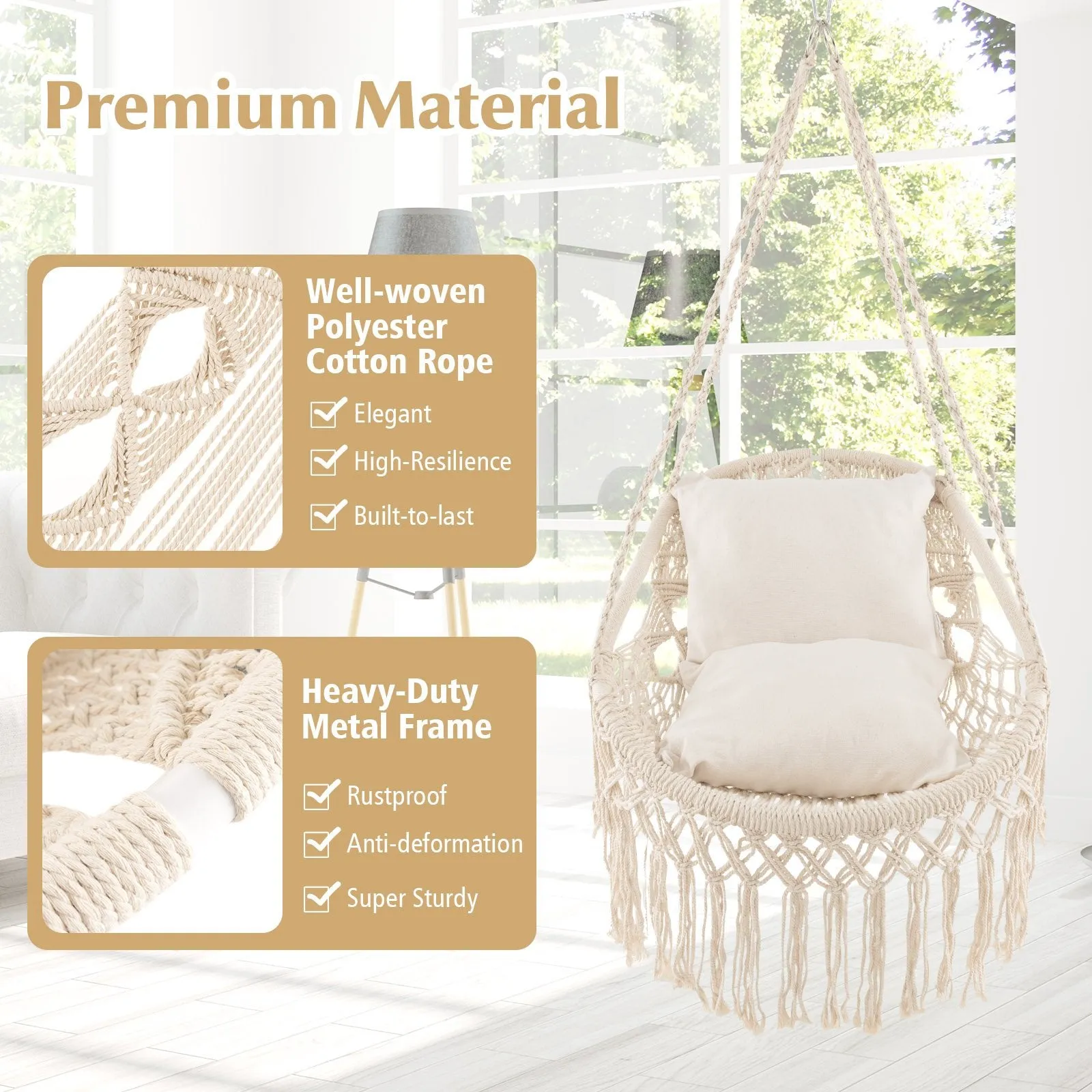 Hanging Hammock Chair with Soft Seat Cushions-Beige