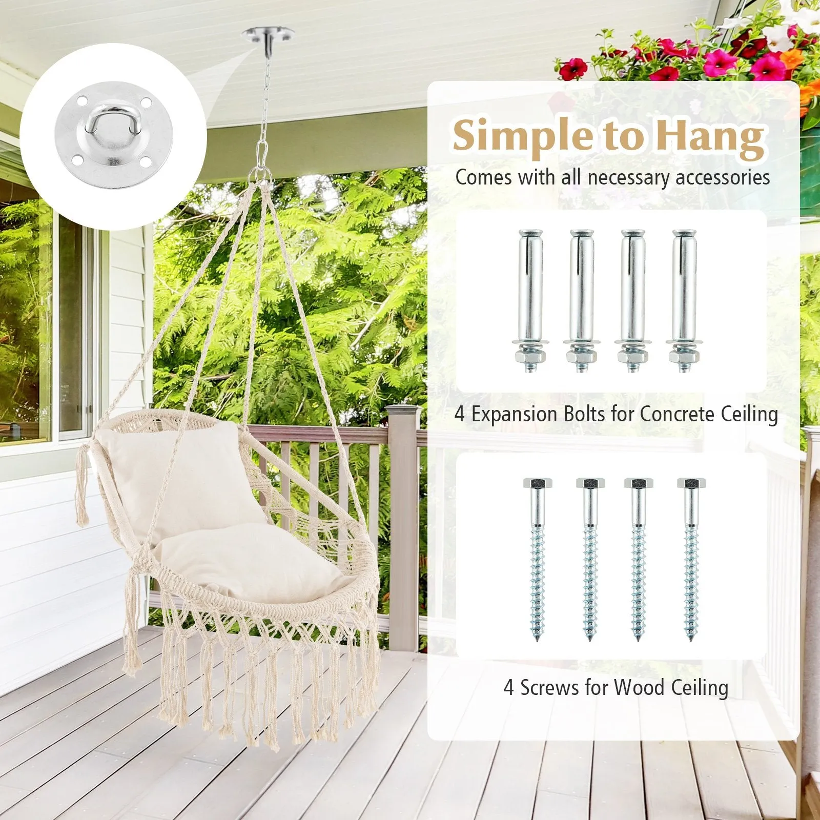 Hanging Hammock Chair with Soft Seat Cushions-Beige