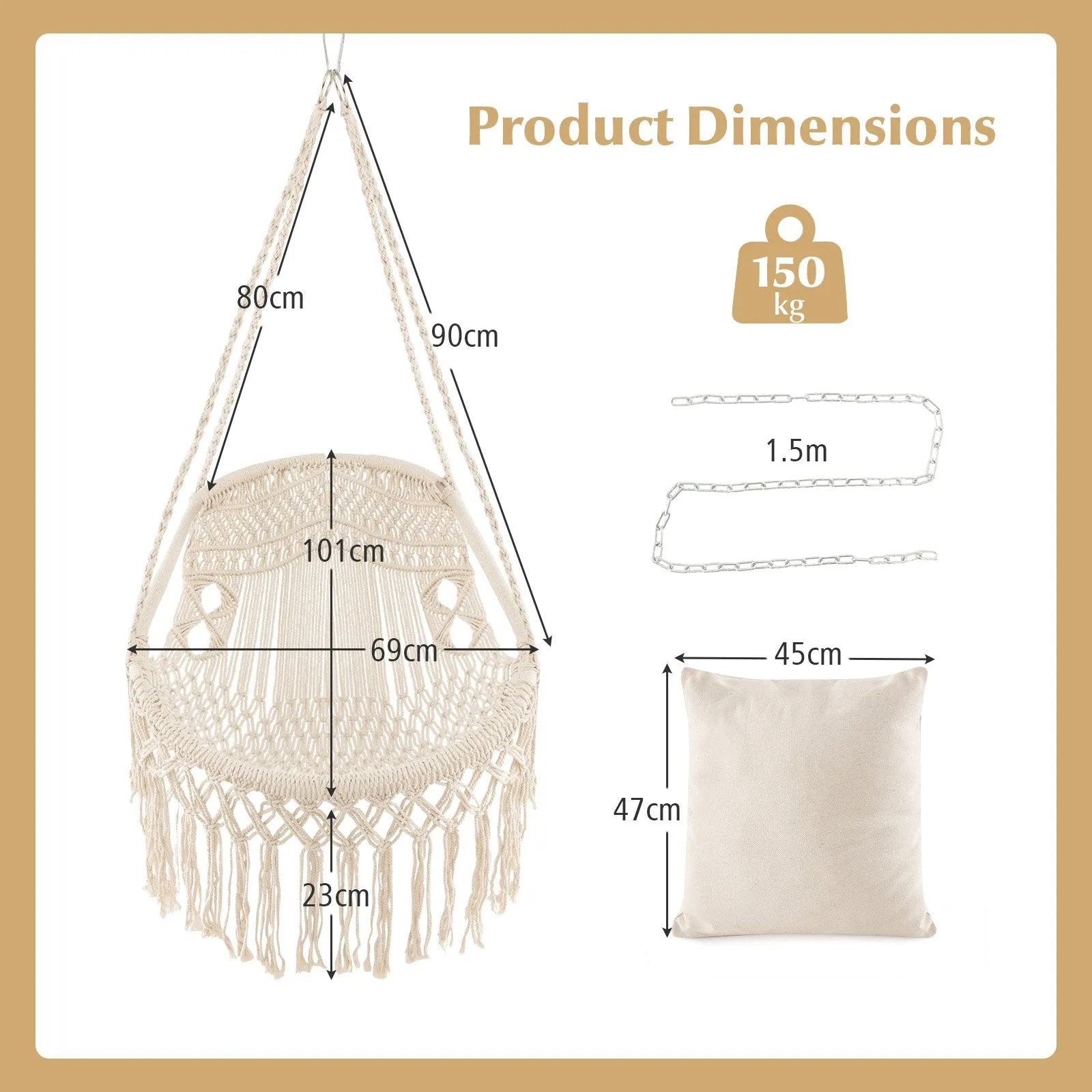 Hanging Hammock Chair with Soft Seat Cushions-Beige