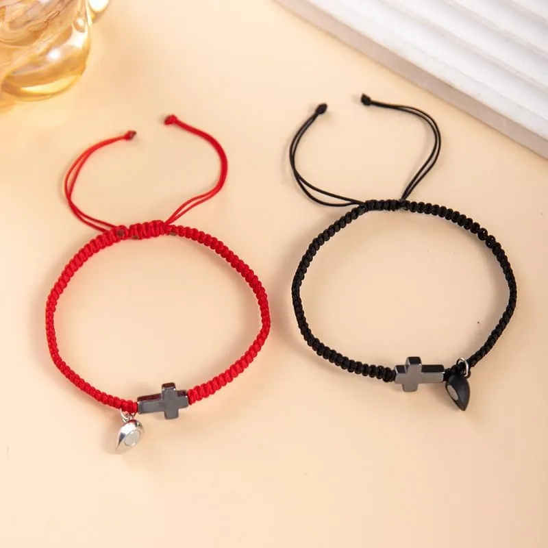 Heart Matching Couple Bracelets Set Handmade Braided Adjustable Rope Bracelets Cross Heart Charm Bracelets for Her Him Couples Friends Christmas Valentines Gift