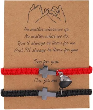 Heart Matching Couple Bracelets Set Handmade Braided Adjustable Rope Bracelets Cross Heart Charm Bracelets for Her Him Couples Friends Christmas Valentines Gift