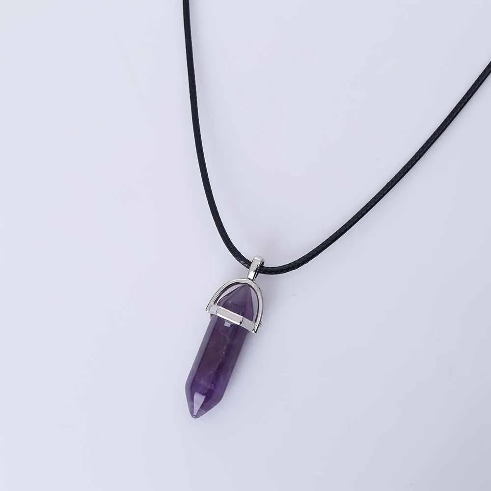 Hexagonal Column Quartz Necklaces turquoises Pink Crystal pendent Necklace For Women Leather Chain Natural Stone Choker Necklace