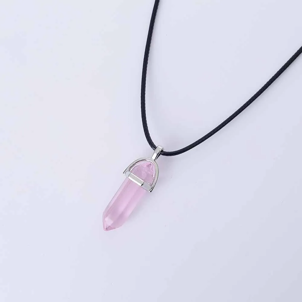 Hexagonal Column Quartz Necklaces turquoises Pink Crystal pendent Necklace For Women Leather Chain Natural Stone Choker Necklace