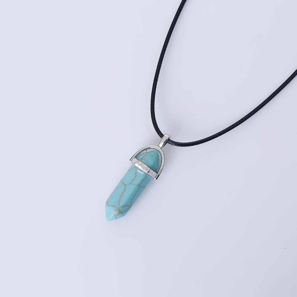 Hexagonal Column Quartz Necklaces turquoises Pink Crystal pendent Necklace For Women Leather Chain Natural Stone Choker Necklace