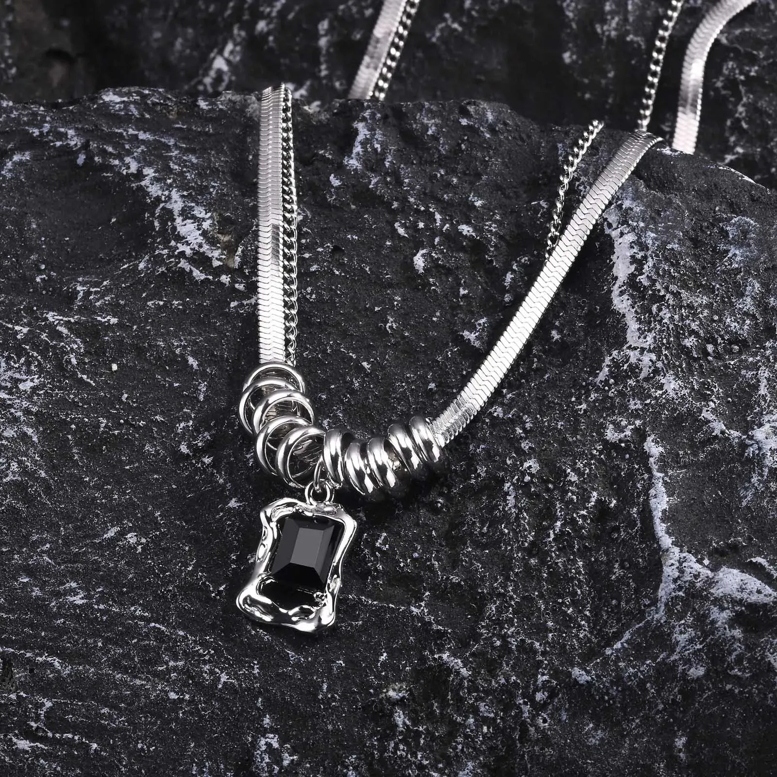 Hip-hop Herringbone Chain Necklaces,Stainless Steel Geometric Pendant