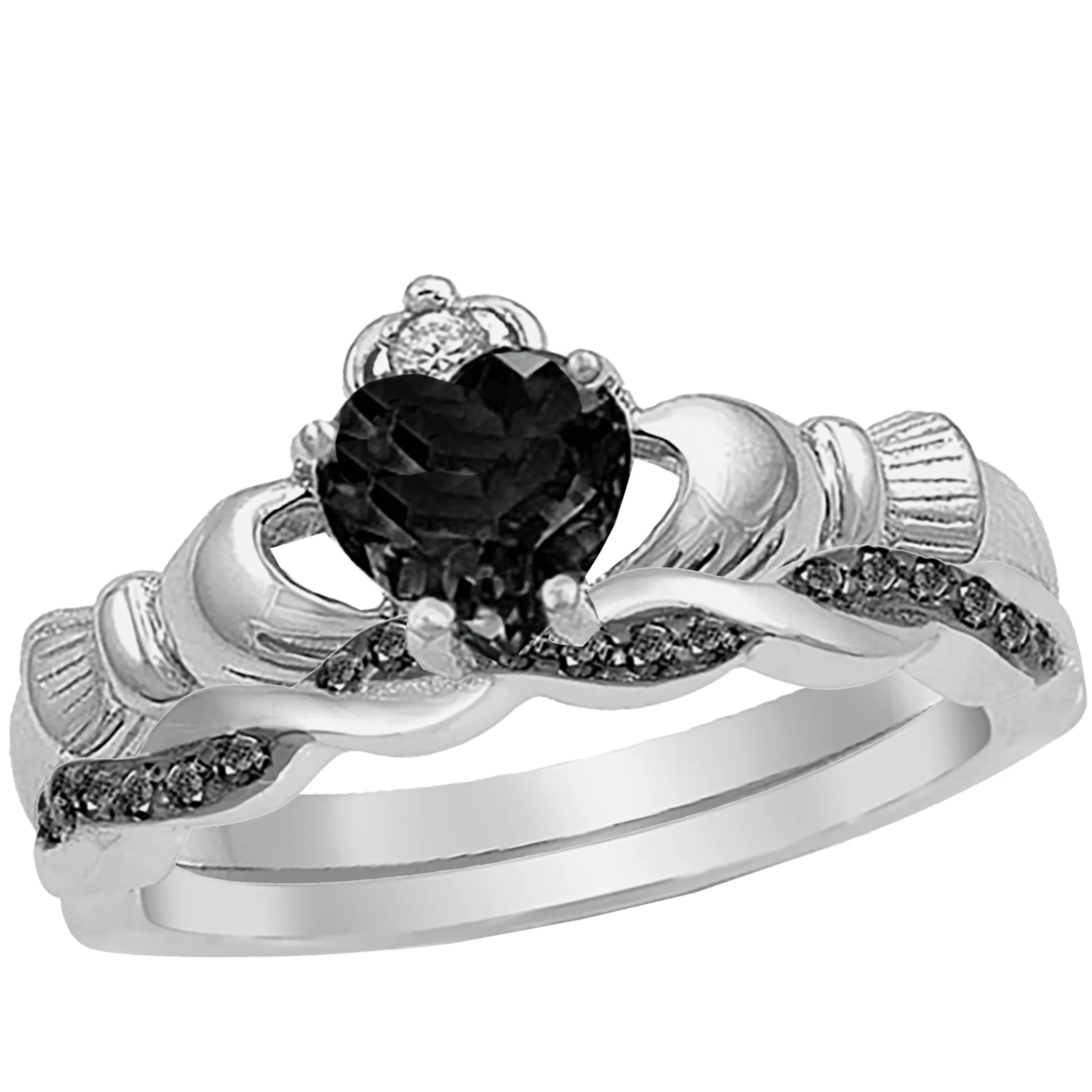 His Her TRIO 3 Piece Black Celtic Wedding Band Claddagh Engagement Ring Set