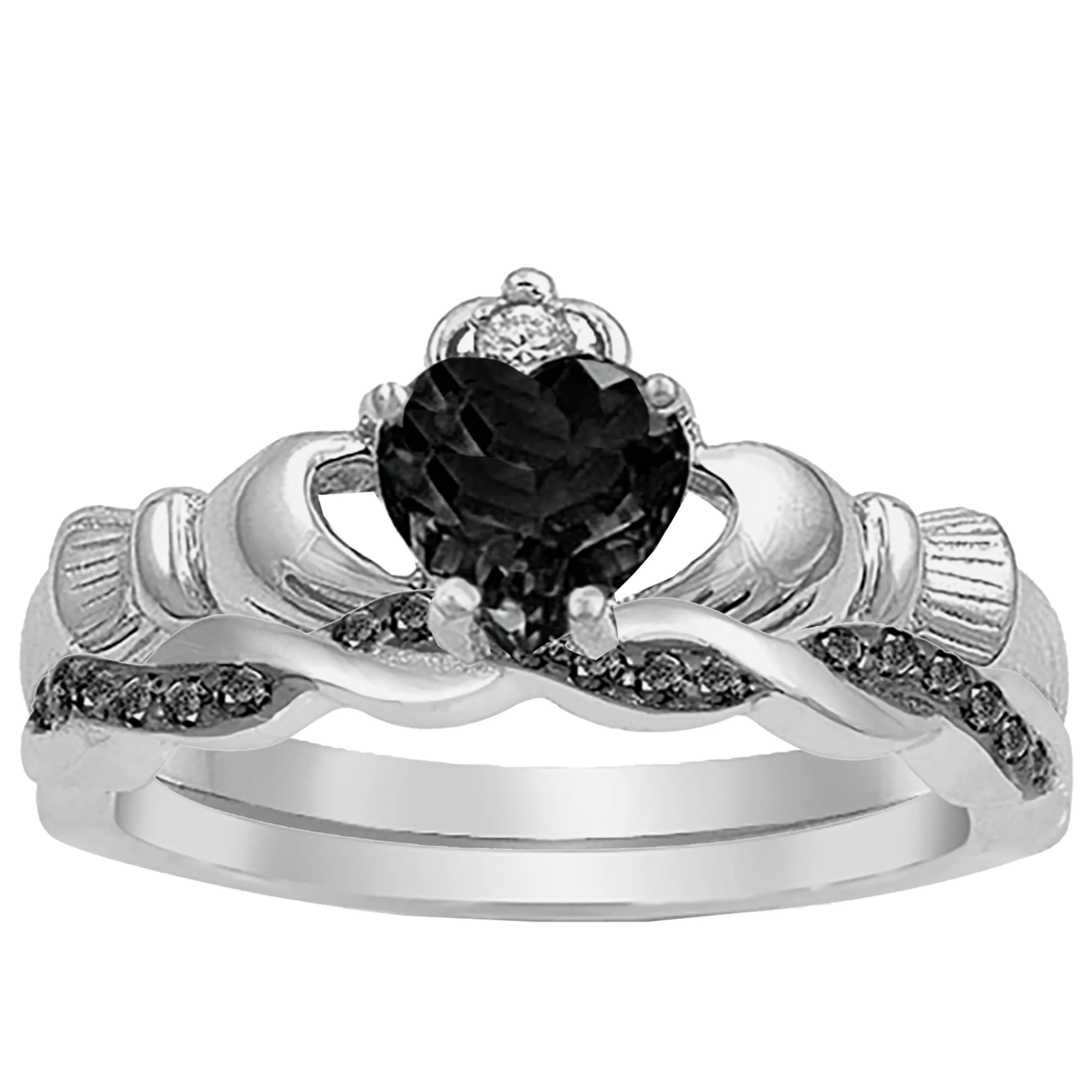 His Her TRIO 3 Piece Black Celtic Wedding Band Claddagh Engagement Ring Set