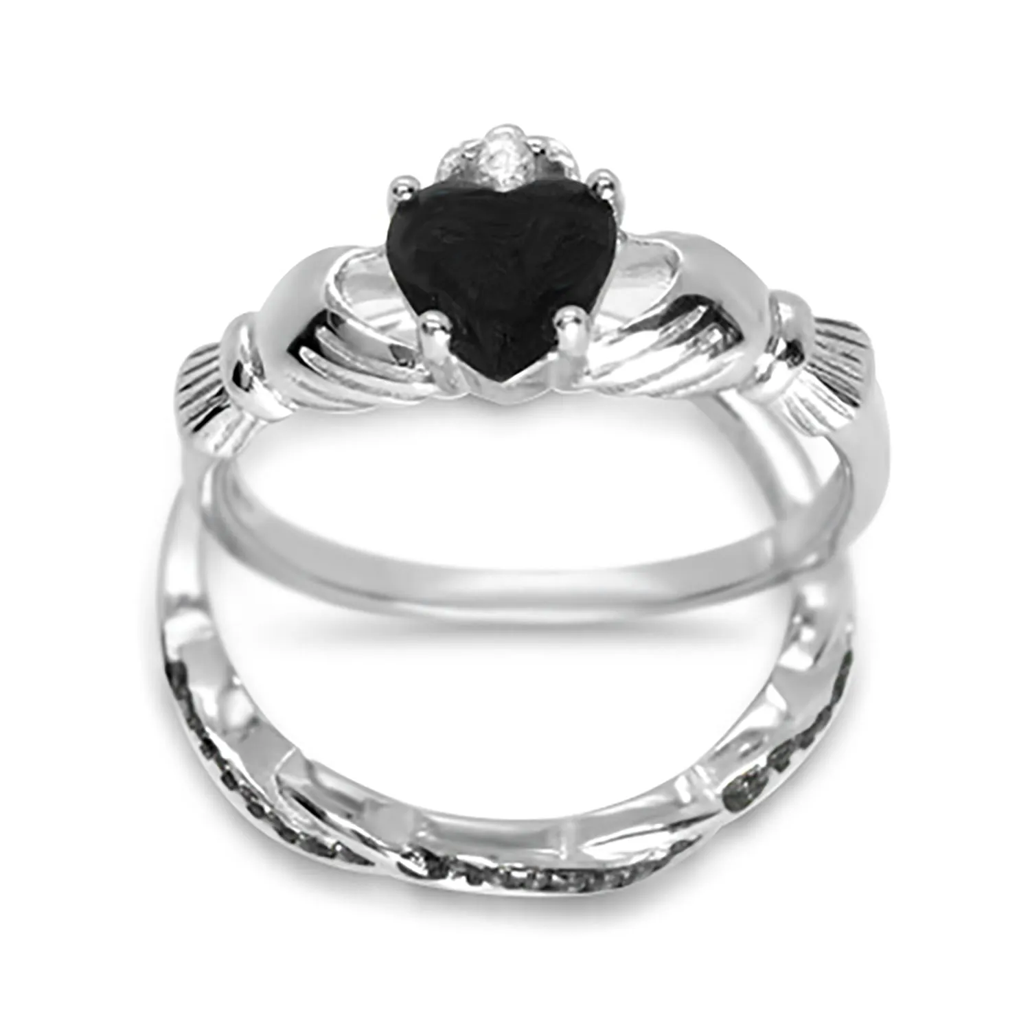 His Her TRIO 3 Piece Black Celtic Wedding Band Claddagh Engagement Ring Set