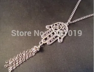 Hot Fashion Vintage Antique Silver Hamsa Hand of Fatima Kabbalah Tassle Pendant Necklace 10Pcs/lot