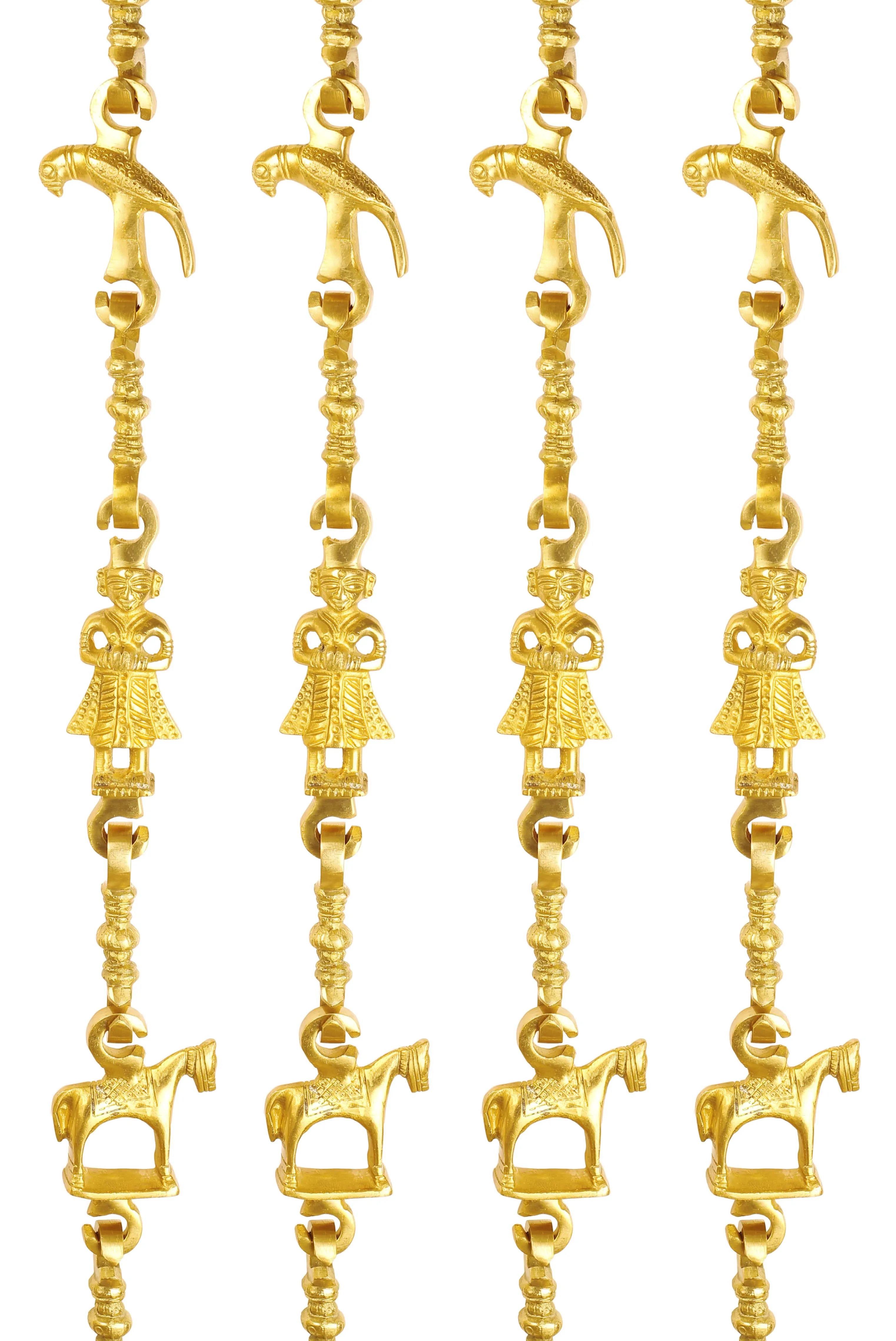 IndianArtVilla Pure Brass Jhula Chain Parrot, Men Guard, Horse with 3 step Designer Chain 192.79 cm Each, Set of 4