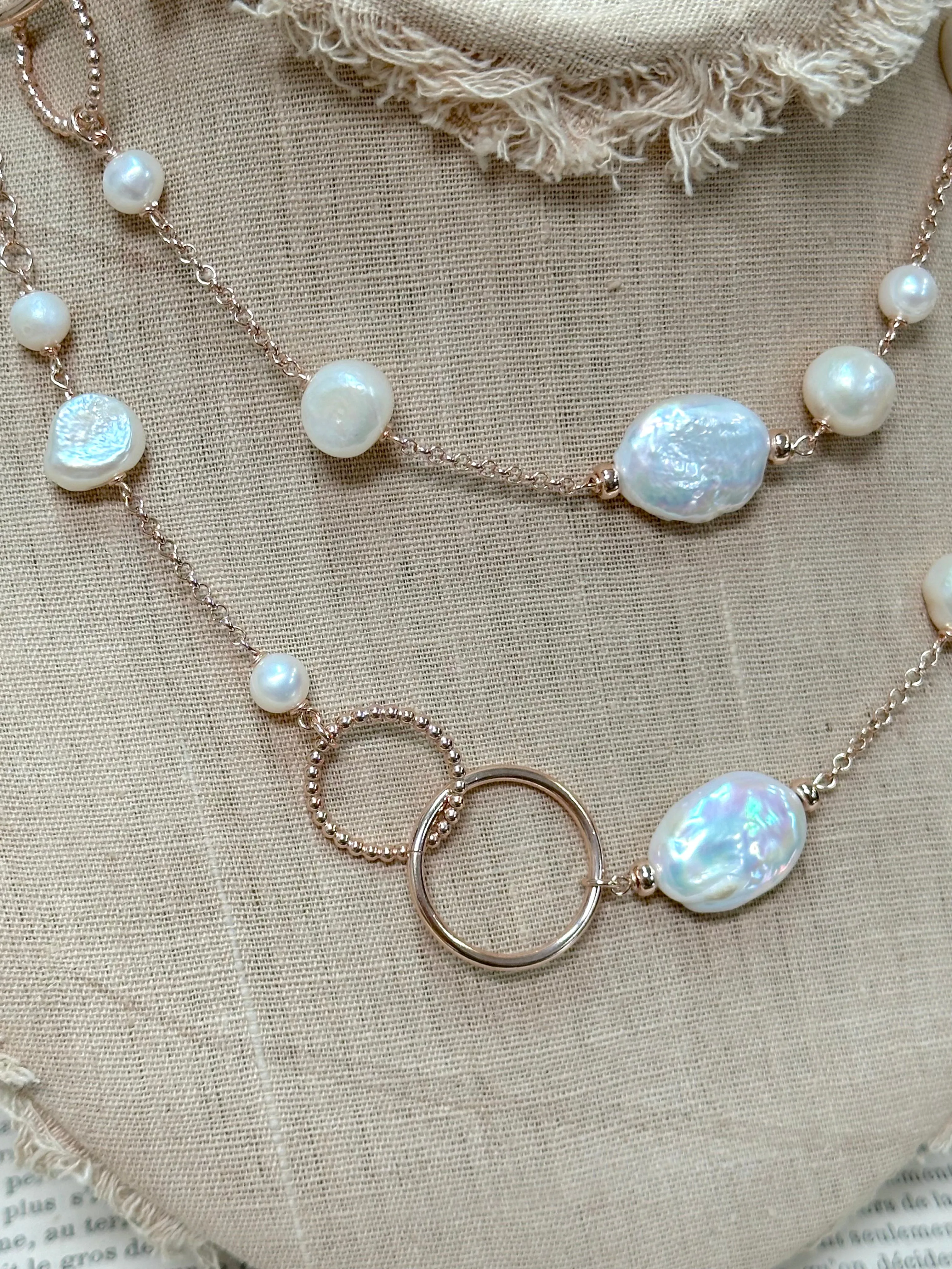 Italian Coin Pearl And Large Circle Link Long Necklace