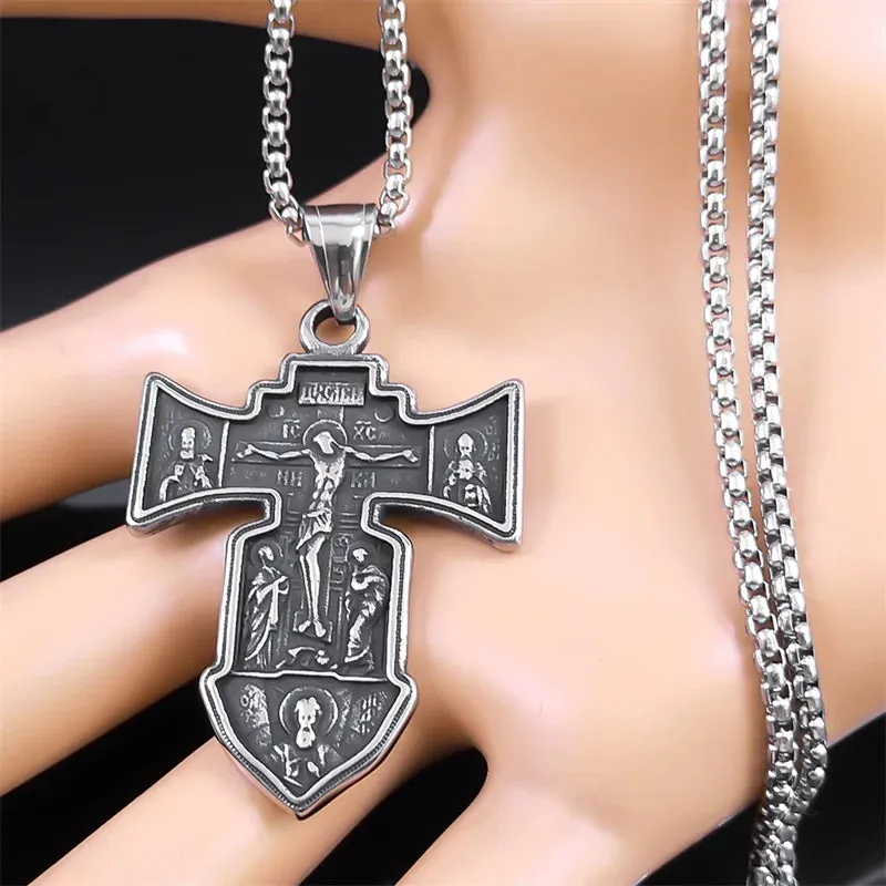 Jesus Crucifix Cross Pendant Necklace for Women Men Stainless Steel Male Christian Chain