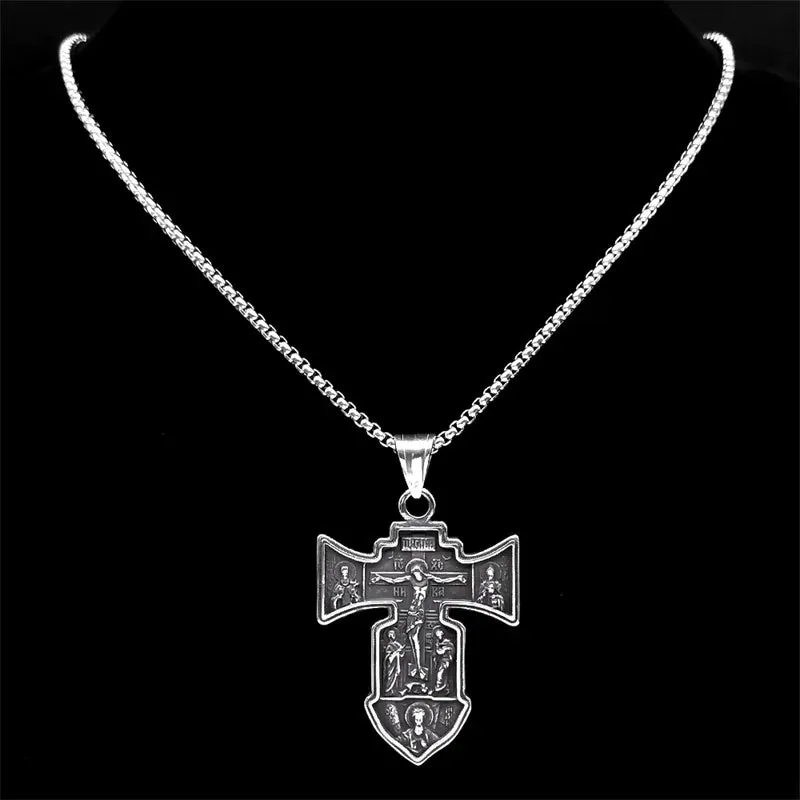 Jesus Crucifix Cross Pendant Necklace for Women Men Stainless Steel Male Christian Chain