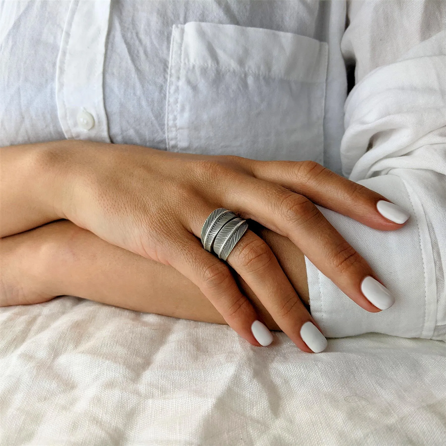 Karen Hill Tribe Silver Boho Wraparound Feather Leaf Ring