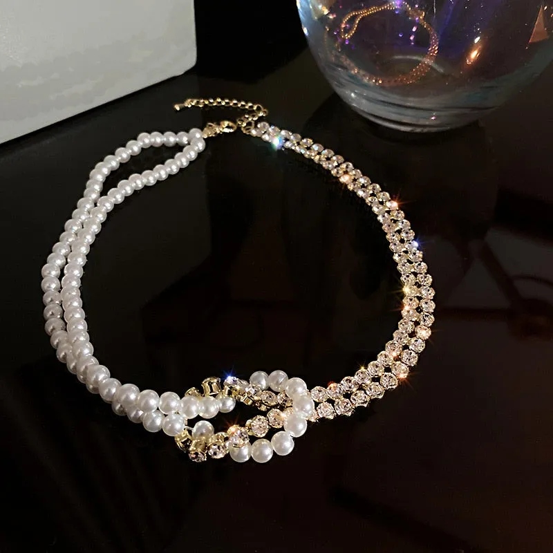 Korean Style Pearl Crystal Choker Necklaces for Women