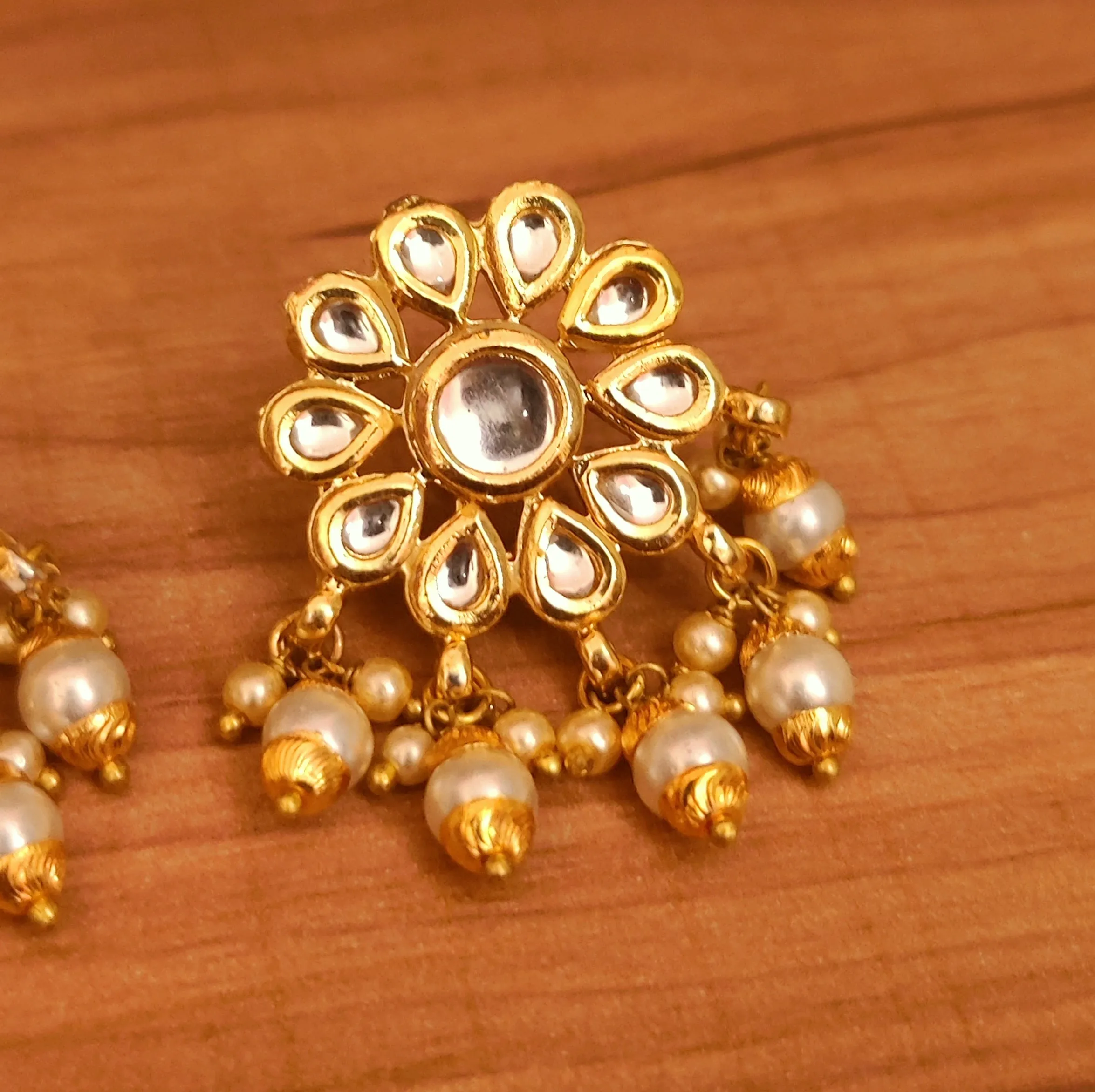 KUNDAN MEENAKARI FLOWER DANGLING PEARL STUDS
