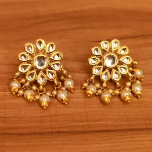 KUNDAN MEENAKARI FLOWER DANGLING PEARL STUDS