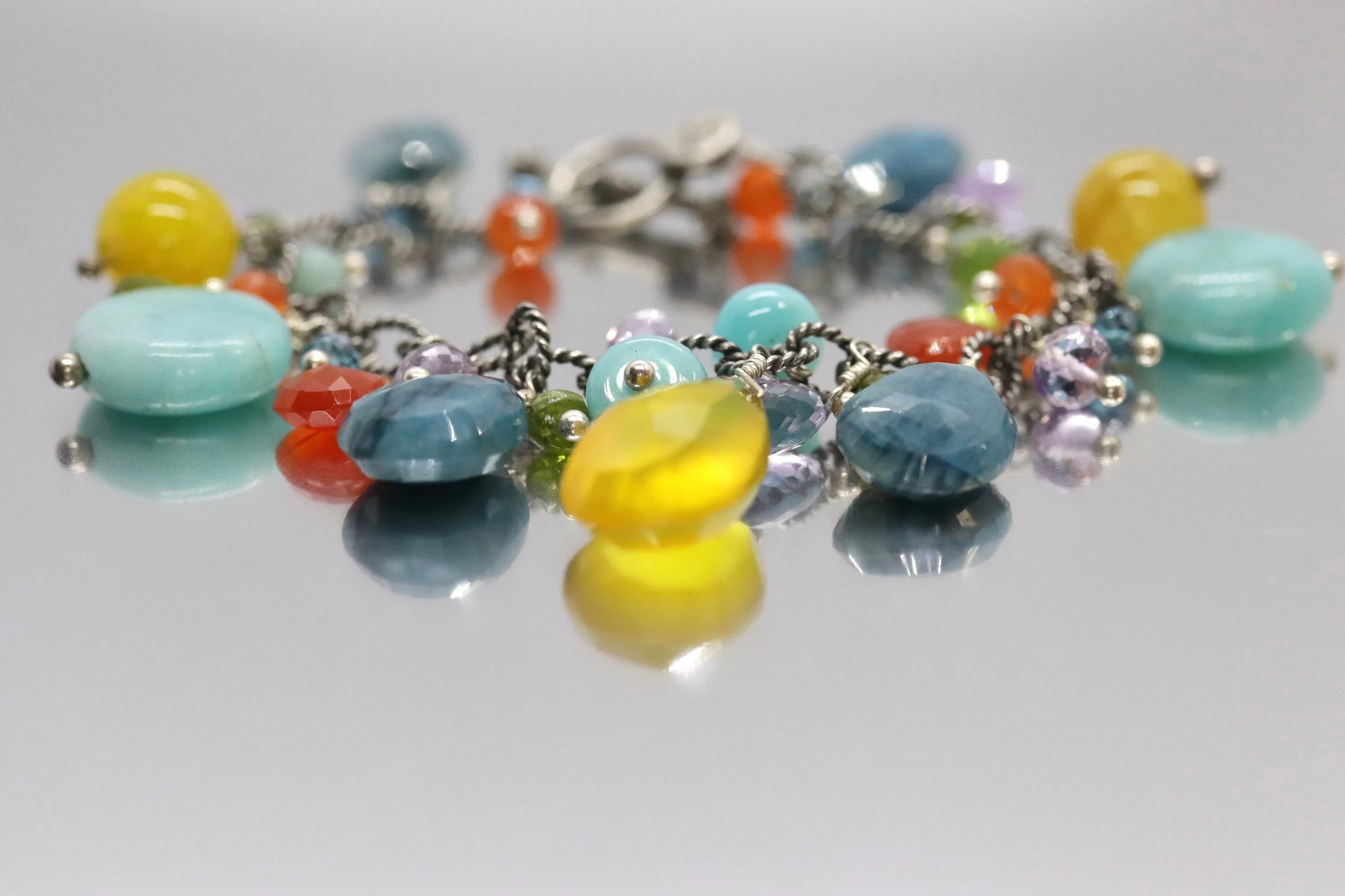 Laura Gibson Bracelet. Sterling Silver with Dangling Faceted Gems - Amazonite Amethyst(435)