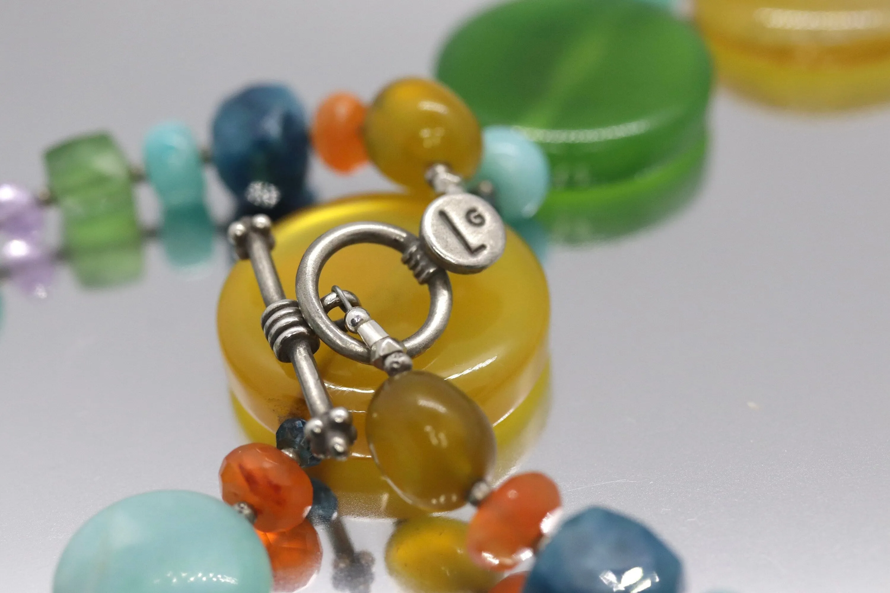 Laura Gibson Necklace. Gibson Sterling Silver Amazonite Dangling Candy multi-gem necklace (437)