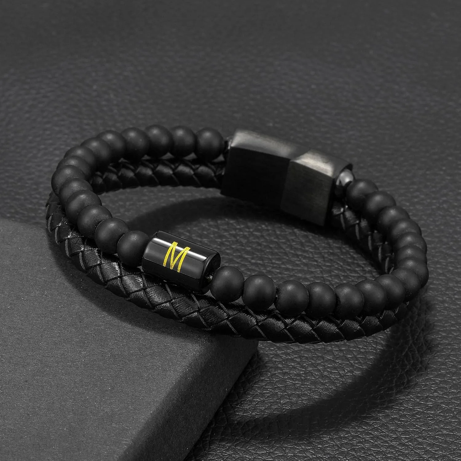 Leather Bracelet for Men With Initial - Genuine Natural Lava Rock Matte Agate Beads, Stainless Steel Magnetic Clasp - Anxiety Relief Gifts for Dad Husband