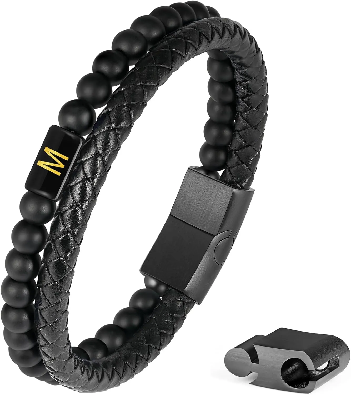 Leather Bracelet for Men With Initial - Genuine Natural Lava Rock Matte Agate Beads, Stainless Steel Magnetic Clasp - Anxiety Relief Gifts for Dad Husband