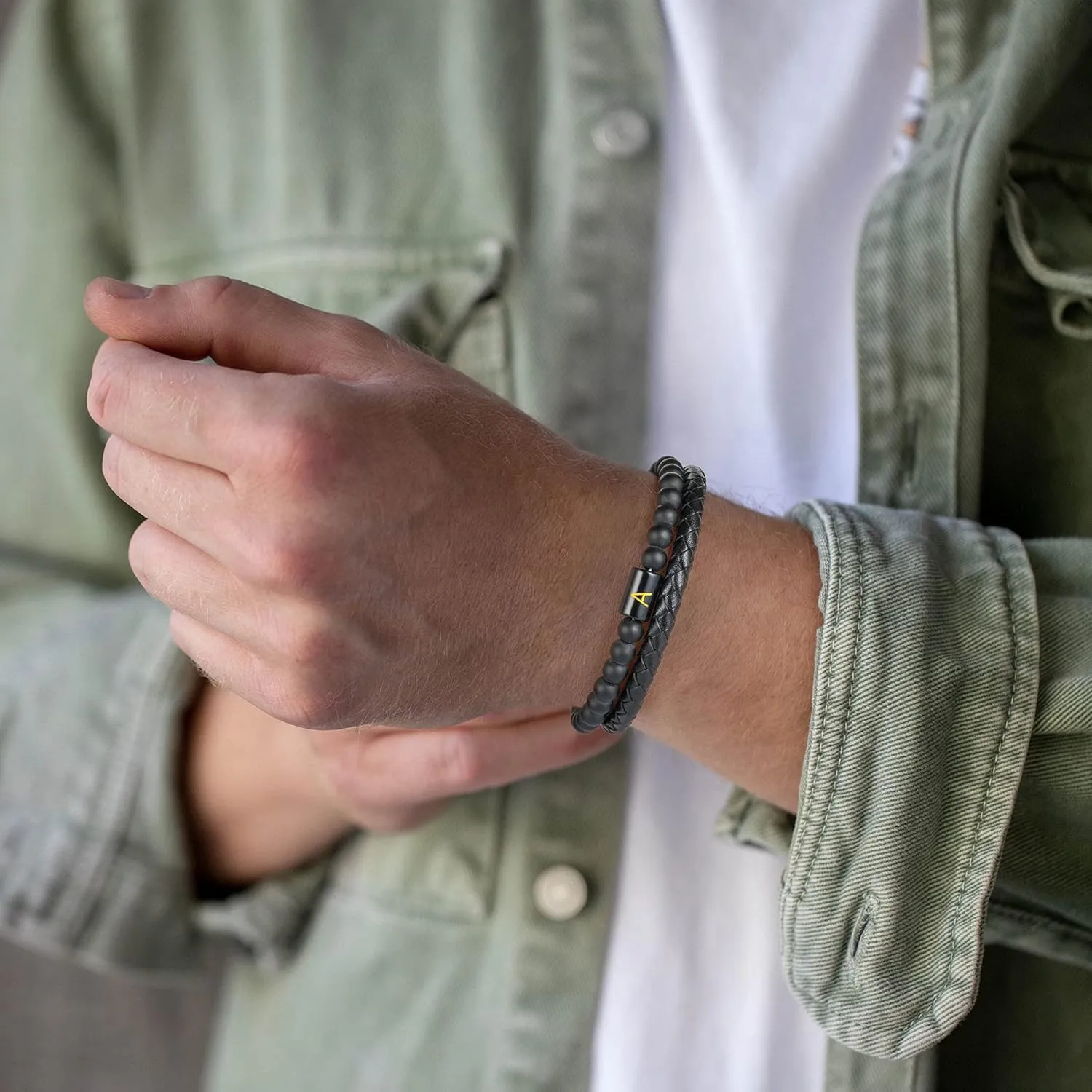 Leather Bracelet for Men With Initial - Genuine Natural Lava Rock Matte Agate Beads, Stainless Steel Magnetic Clasp - Anxiety Relief Gifts for Dad Husband