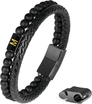 Leather Bracelet for Men With Initial - Genuine Natural Lava Rock Matte Agate Beads, Stainless Steel Magnetic Clasp - Anxiety Relief Gifts for Dad Husband