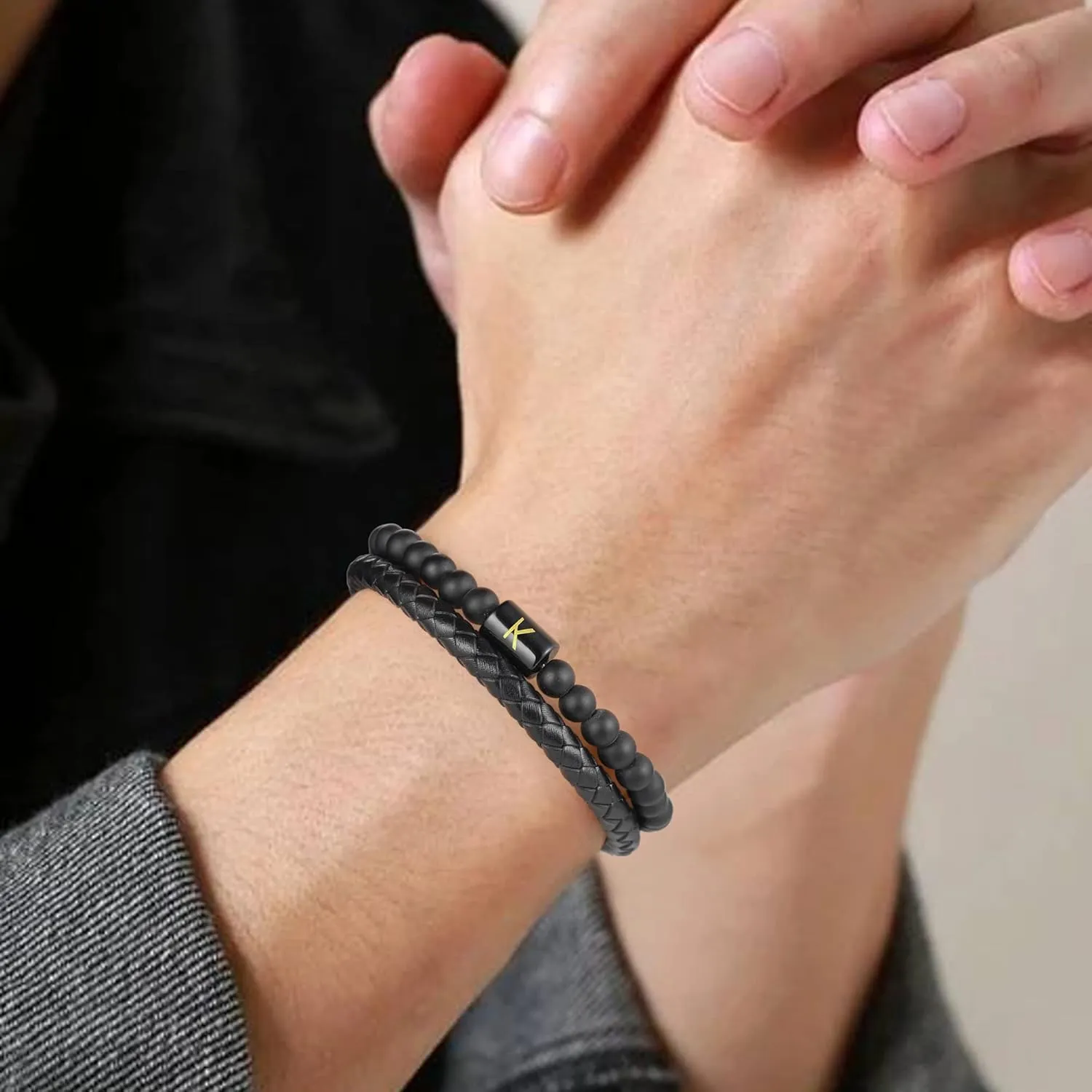 Leather Bracelet for Men With Initial - Genuine Natural Lava Rock Matte Agate Beads, Stainless Steel Magnetic Clasp - Anxiety Relief Gifts for Dad Husband