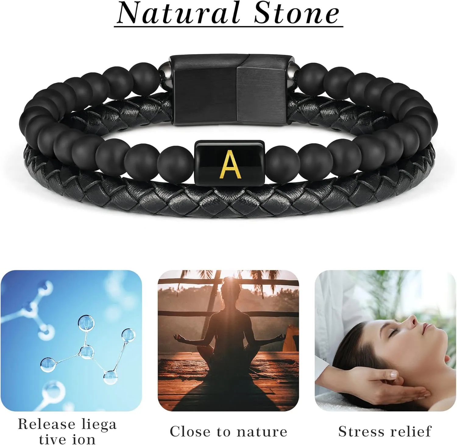 Leather Bracelet for Men With Initial - Genuine Natural Lava Rock Matte Agate Beads, Stainless Steel Magnetic Clasp - Anxiety Relief Gifts for Dad Husband