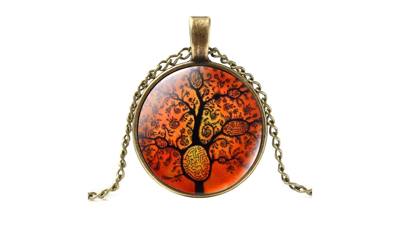 Life Tree Art Glass Cabochon Pendant Necklace