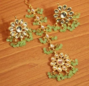 Light Green Crystal Kundan Meenakari Tikka With Earrings