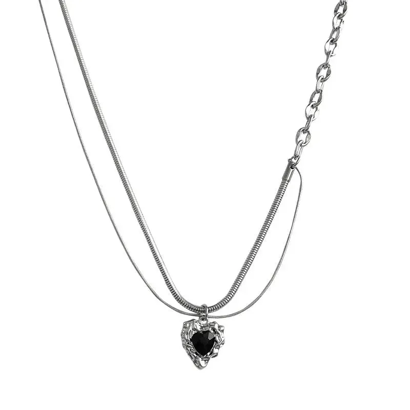 LOVCIA Asymmetric Black Heart Necklace for Women - Titanium Steel Dual Chain Pendant Trendy Necklace