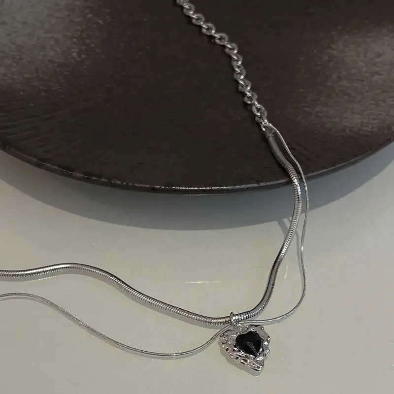 LOVCIA Asymmetric Black Heart Necklace for Women - Titanium Steel Dual Chain Pendant Trendy Necklace