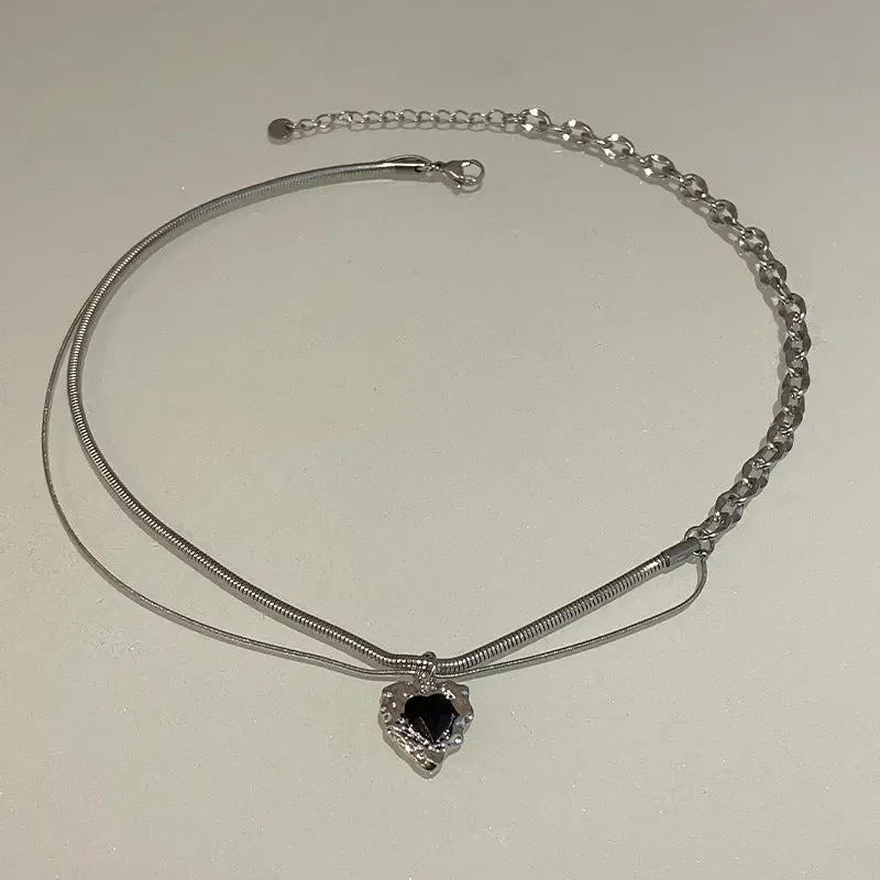 LOVCIA Asymmetric Black Heart Necklace for Women - Titanium Steel Dual Chain Pendant Trendy Necklace