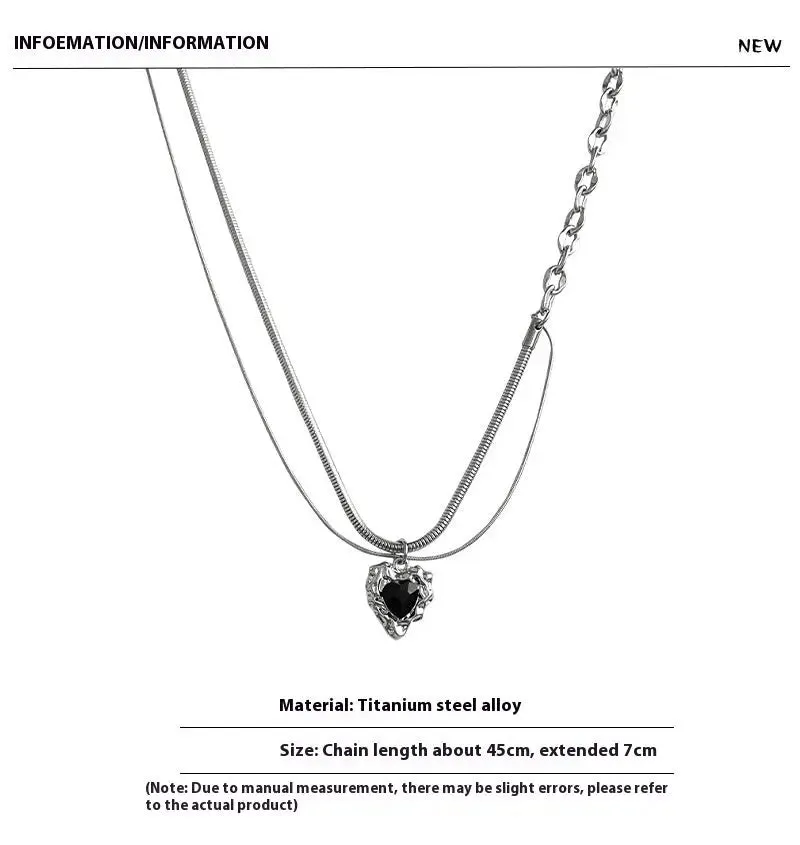 LOVCIA Asymmetric Black Heart Necklace for Women - Titanium Steel Dual Chain Pendant Trendy Necklace