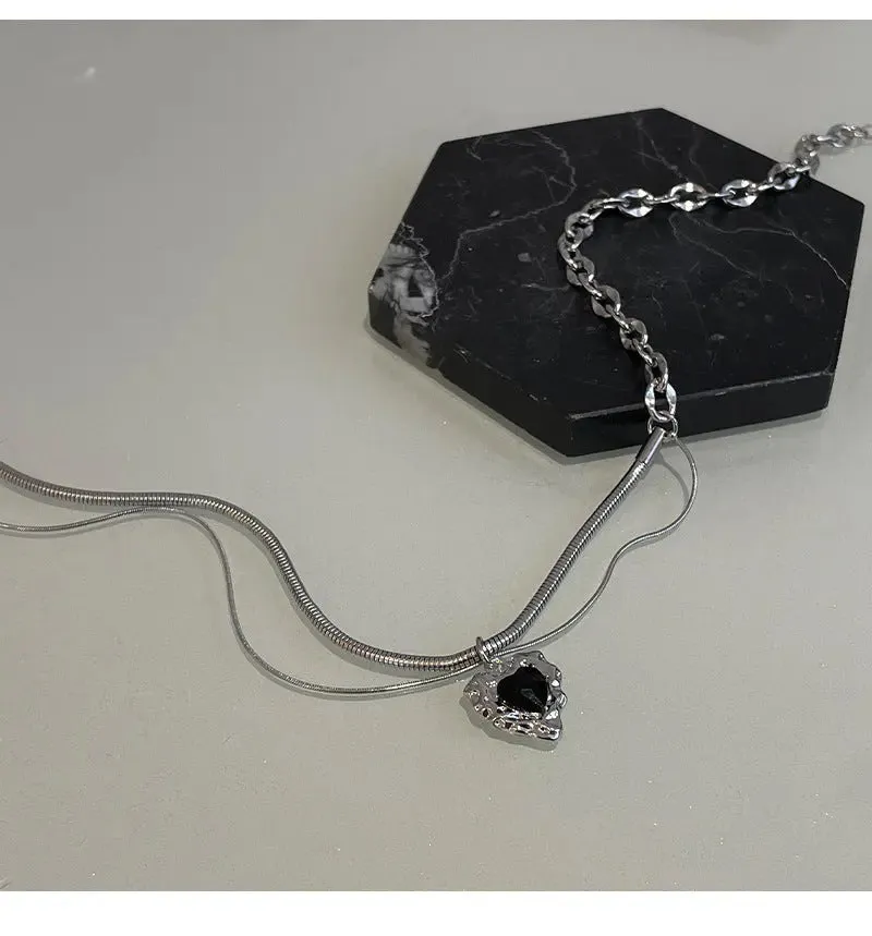 LOVCIA Asymmetric Black Heart Necklace for Women - Titanium Steel Dual Chain Pendant Trendy Necklace