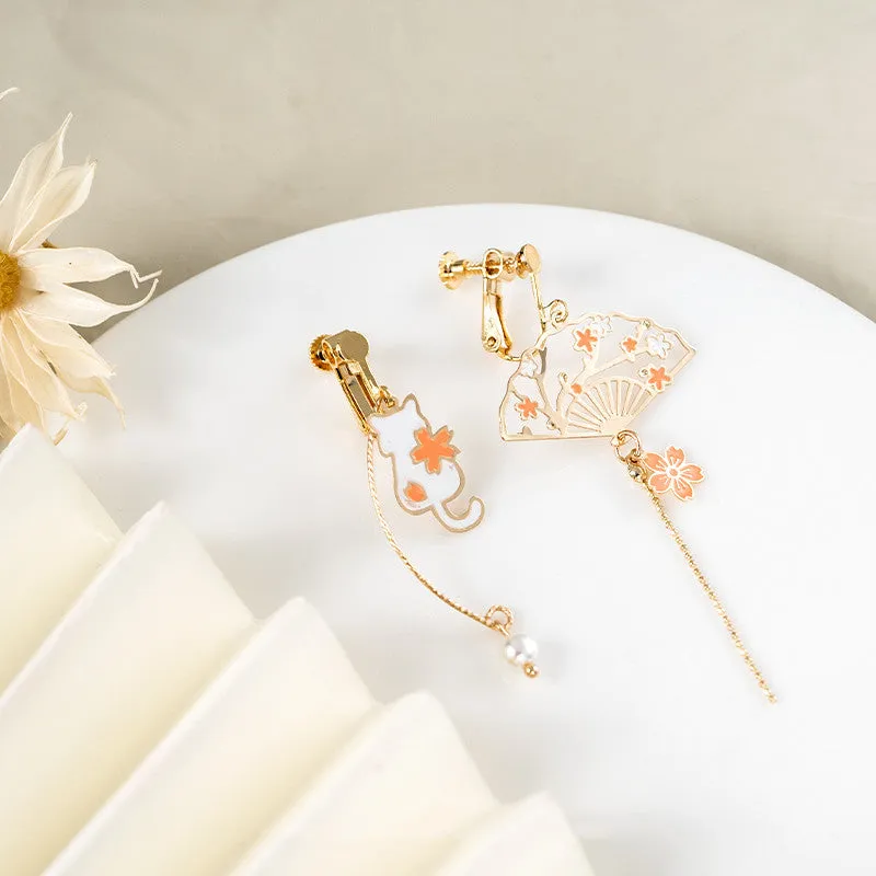 LOVCIA Whimsical Floral Design Sakura Fan and Cat Asymmetrical Drop Earrings for Women