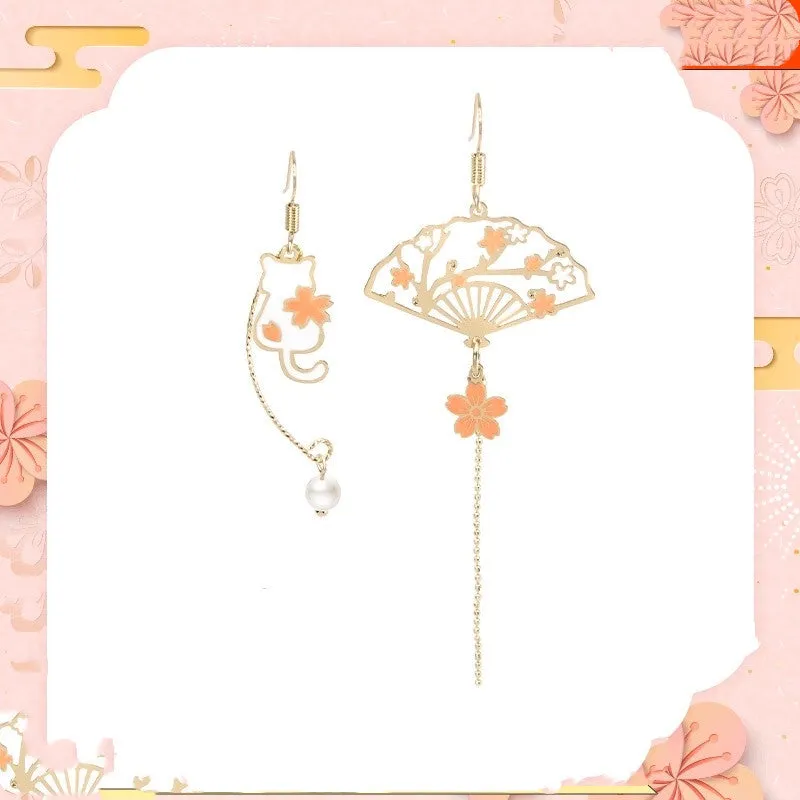 LOVCIA Whimsical Floral Design Sakura Fan and Cat Asymmetrical Drop Earrings for Women