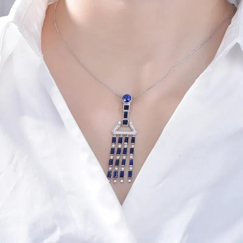 Luxury Imitated Sapphire Tassels Pendant Necklace Women