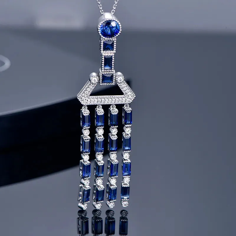 Luxury Imitated Sapphire Tassels Pendant Necklace Women