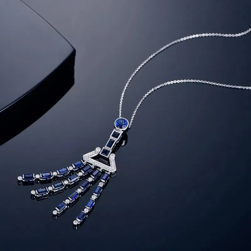 Luxury Imitated Sapphire Tassels Pendant Necklace Women