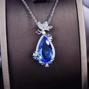 Luxury New Design Water Drop Imitate Sapphires Blue Stone Butterfly Pendant Necklace For Women