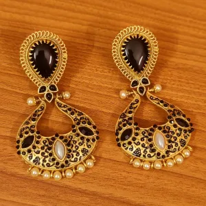 MATT GOLD BLACK POLKI & PEARL CHANDBALI EARRINGS