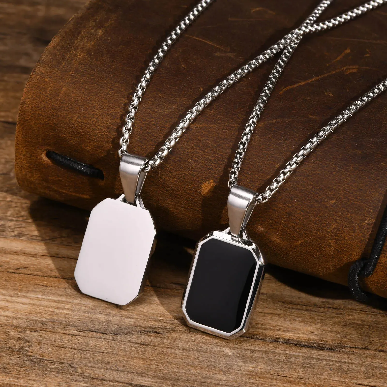 Men's Geometric Square Necklaces, Waterproof Stainless Steel Pendant